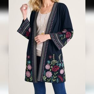 Soft Surroundings Franca French Terry  Sweater Women's SM Black Embroidered